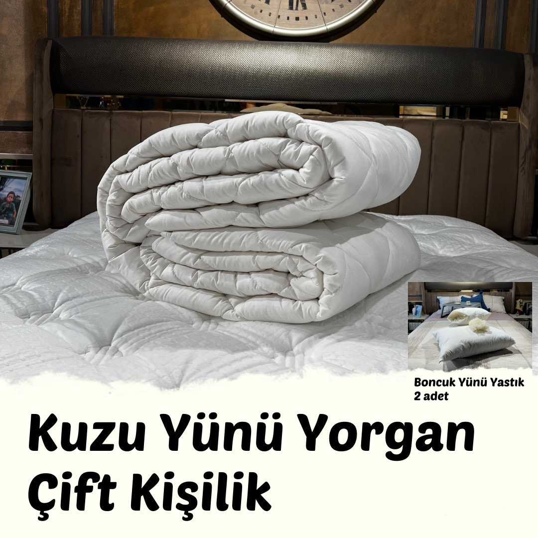 Çift Kişilik Merinos Kuzu Yünü Yorgan(195 x 215 cm) + İki Adet Boncuk Yünü Yastık